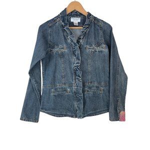 Wrangler Blues Jean Jacket Size Small Ruffles Fitted Denim Split Cuffs Pockets